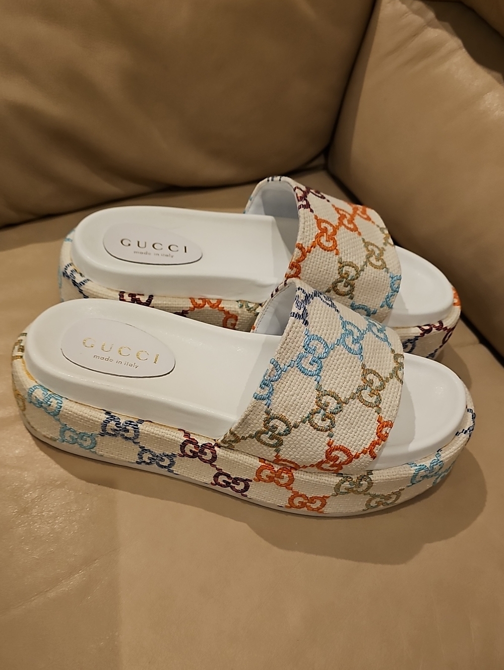 Gucci Cream Multicolor GG Canvas Platform Slide Sandals